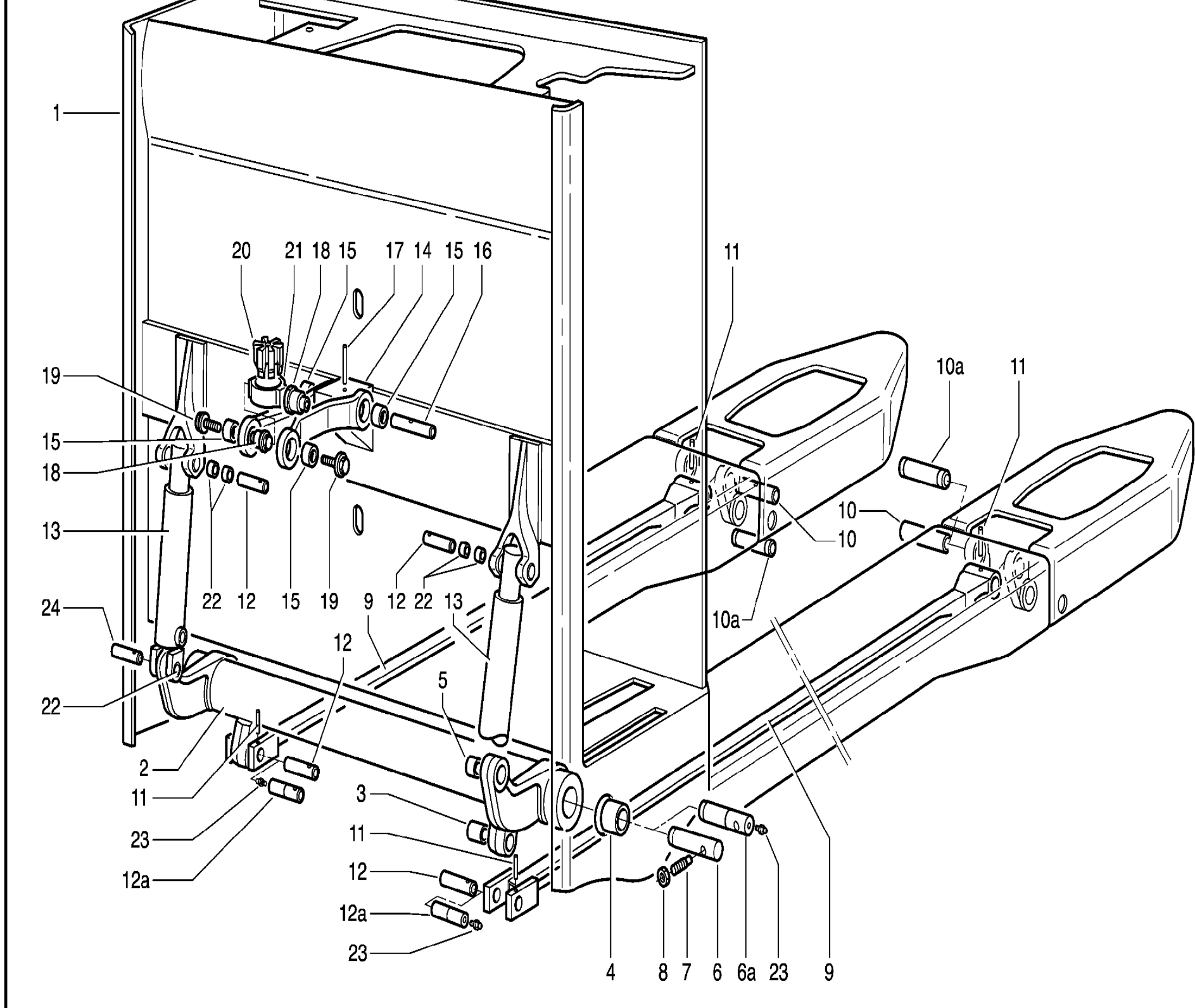 Схема узла 360.850.19.98 · carriage fork assy. · Схема 1 для Linde T16/T18/T20, каталог Год не указан
