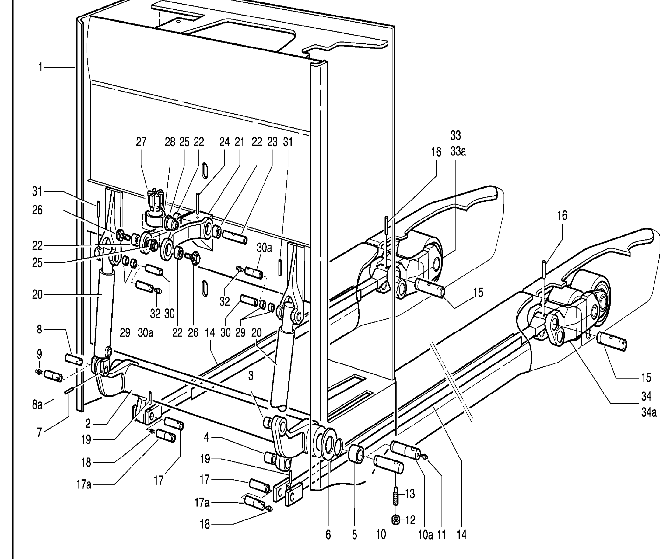 Схема узла 360.850.19.98 · carriage fork assy. · Схема 1 для Linde T16/T18/T20, каталог Год не указан
